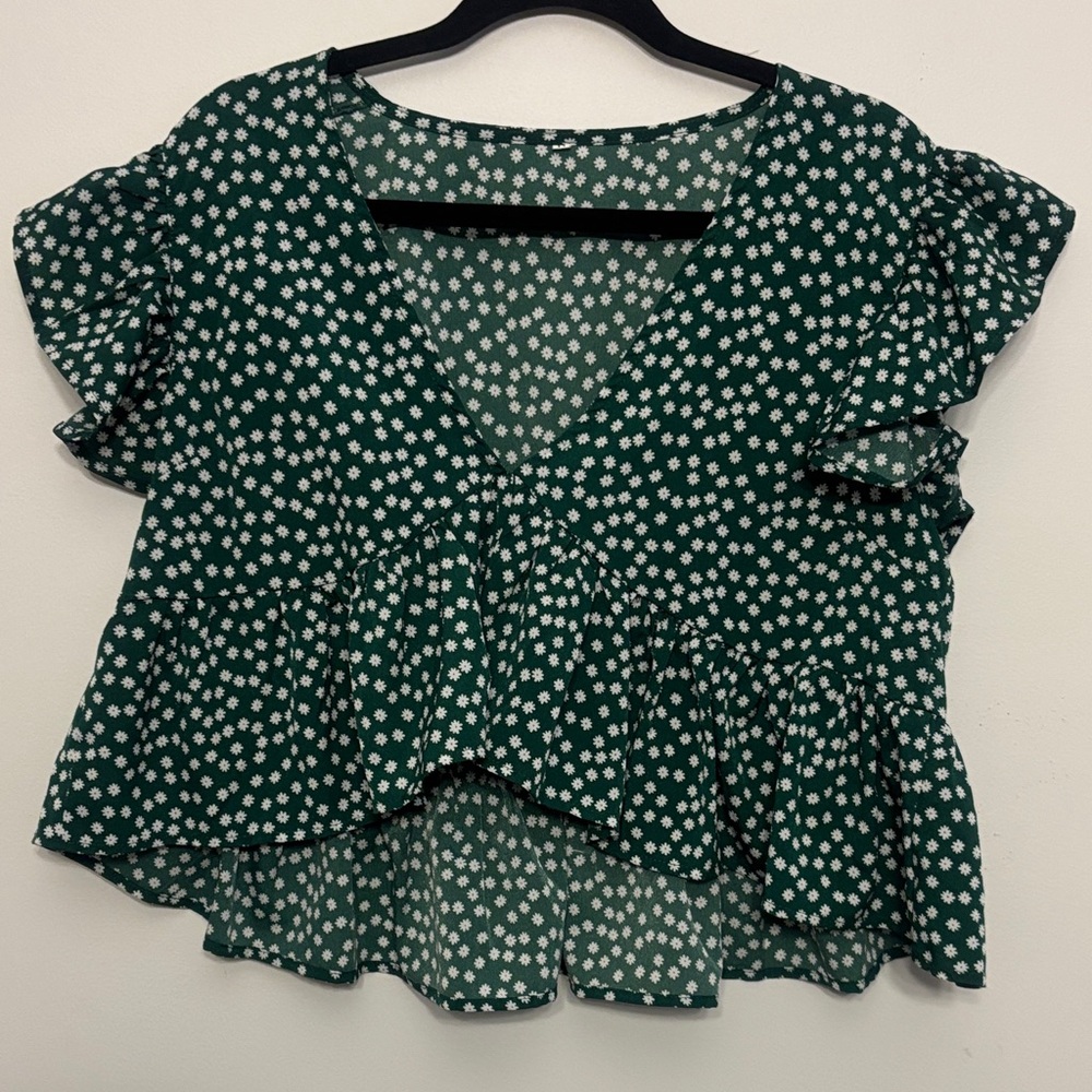 Green Floral Ruffle Sleeve crop Top